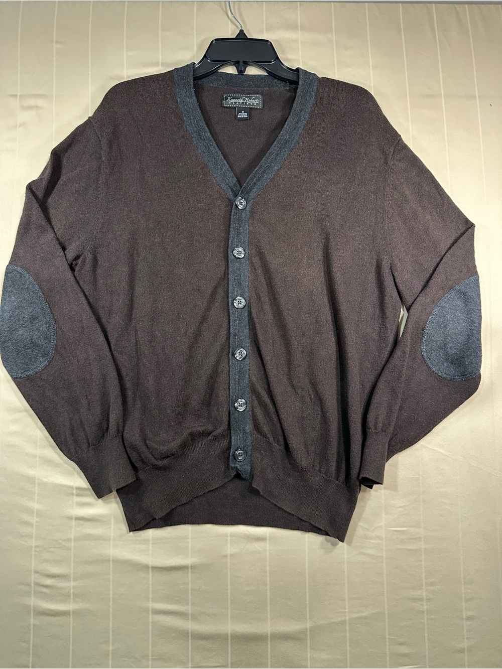 Kenneth Roberts Platinum Cotton Cashmere Cardigan Men M Brown Elbow Patch EUC